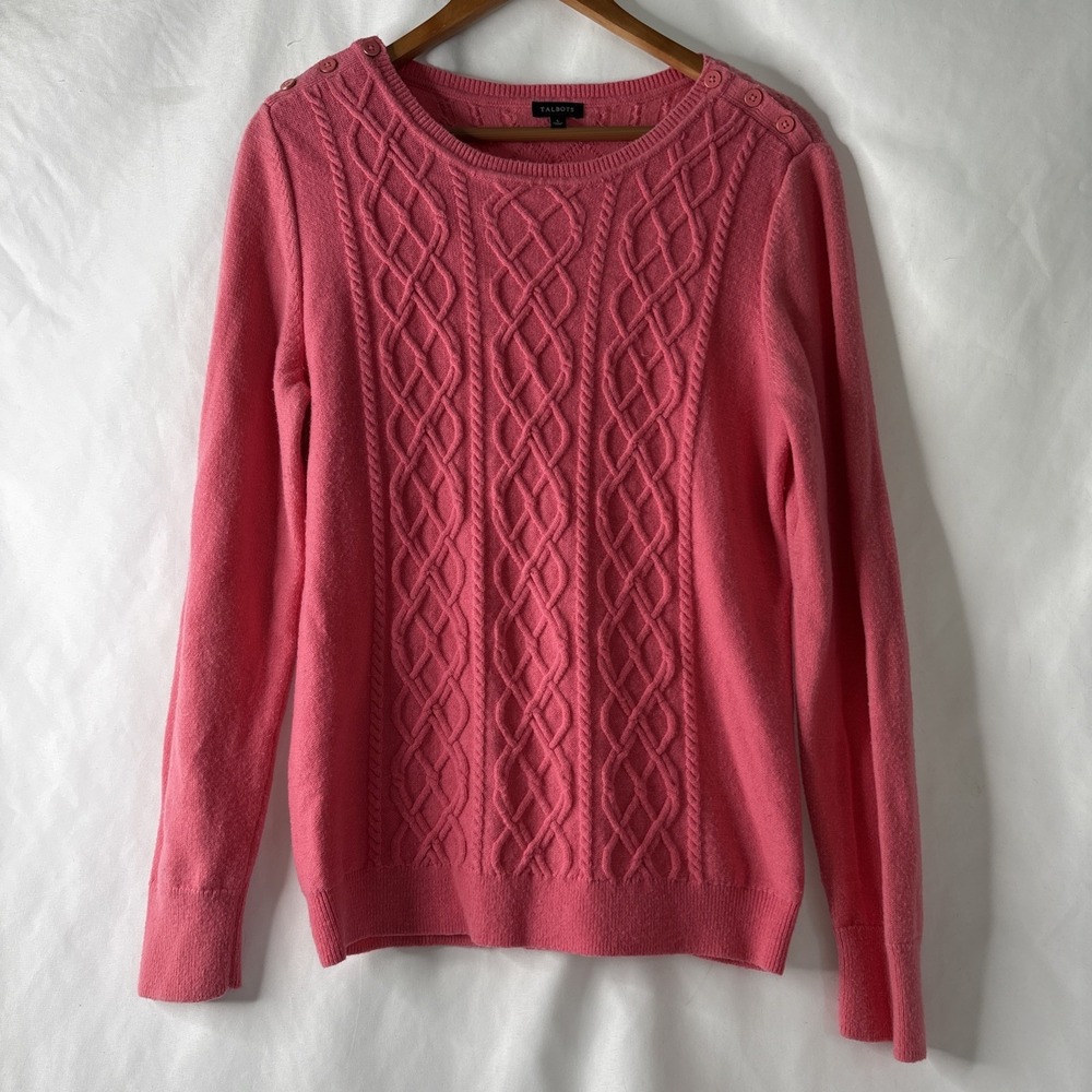 Talbots Women's L Lambswool Nylon Blend Cableknit Crewneck‎ Pink Sweater